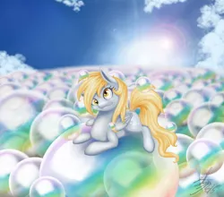 Size: 1024x902 | Tagged: safe, artist:eternalsubscriber, derpibooru import, derpy hooves, pegasus, pony, bubble, cute, derpabetes, female, lens flare, mare, sky, solo, that one nameless background pony we all know and love