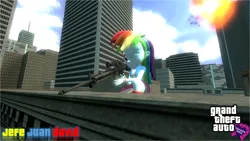 Size: 1280x720 | Tagged: semi-grimdark, artist:jefejuandavid, derpibooru import, rainbow dash, equestria girls, 3d, city, gm bigcity, grand theft auto, gun, one eye closed, optical sight, rifle, sniper, sniper rifle, source filmmaker, text, weapon