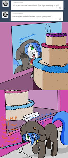 Size: 1500x3490 | Tagged: against glass, artist:fullmetalpikmin, ballgag, cake, clothes, collar, costume, derpibooru import, drool, gag, glass, leash, oc, oc:mal, suggestive, tumblr:ask viewing pleasure, unofficial characters only