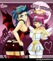 Size: 875x1000 | Tagged: suggestive, artist:clouddg, derpibooru import, indigo zap, sour sweet, equestria girls, friendship games, angel, armpits, ass, belly button, big breasts, breasts, busty indigo zap, busty sour sweet, butt, clothes, costume, devil, devil horn (gesture), devil horns, duo, ear piercing, erect nipples, female, garters, goggles, hand on hip, horns, human coloration, indiglute zap, looking at you, midriff, miniskirt, nightmare night, nightmare night costume, nipple outline, one eye closed, partial nudity, piercing, sexy, sideboob, signature, skirt, stockings, tail, tongue out, wink