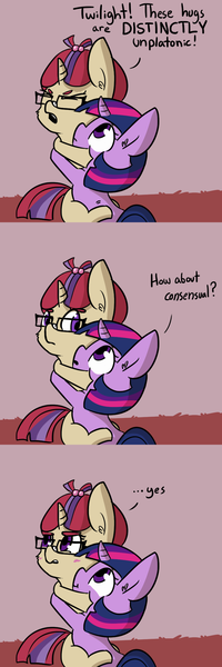 Size: 792x2376 | Tagged: safe, artist:tjpones, derpibooru import, moondancer, twilight sparkle, pony, unicorn, blushing, comic, consensual hugging, cute, dancerbetes, dialogue, eyes closed, female, glasses, hug, lesbian, mare, shipping, tsundancer, twiabetes, twidancer