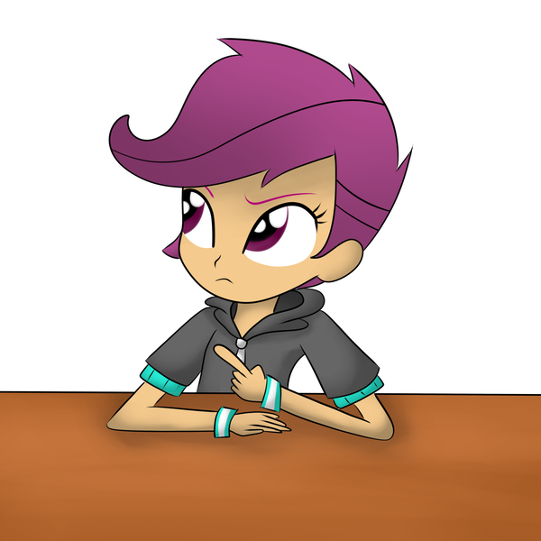 Size: 3000x3000 | Tagged: safe, artist:graytyphoon, derpibooru import, scootaloo, equestria girls, clothes, digital art, pointing, solo, table, thinking, wristband