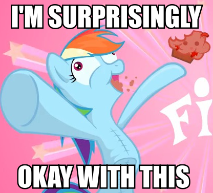 Size: 416x377 | Tagged: andrew w.k., caption, cupcake, cupcakes hd, derpibooru import, image macro, meme, rainbow dash, reaction image, semi-grimdark