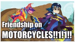 Size: 800x449 | Tagged: safe, derpibooru import, screencap, indigo zap, sunset shimmer, equestria girls, friendship games, card games on motorcycles, impact font, littlekuriboh, motorcross, reference, yu-gi-oh!, yu-gi-oh! 5d's, yugioh abridged