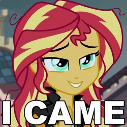 Size: 480x480 | Tagged: suggestive, derpibooru import, edit, edited screencap, screencap, sunset shimmer, equestria girls, friendship games, bedroom eyes, caption, i came, image macro, implied orgasm, meme, messy hair, reaction image, smiling, solo