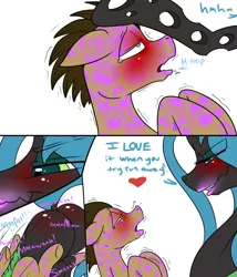 Size: 900x1050 | Tagged: suggestive, artist:digitaldomain123, derpibooru import, doctor whooves, queen chrysalis, time turner, pony, ahegao, blushing, blushing profusely, bugbutt, comic, crying, dialogue, dock, face down ass up, fetish, heart, kiss mark, lipstick, lipstick fetish, making out, male, plot, shaking, stallion, straight, tackle