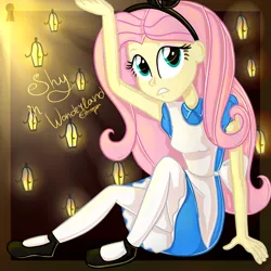 Size: 3000x3000 | Tagged: safe, artist:pfdanonrain99, derpibooru import, fluttershy, equestria girls, alice in wonderland, clothes, costume, crossover, dress, female, giantess, growth, macro, mary janes, pantyhose, skirt, solo