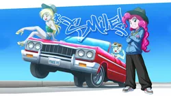 Size: 1920x1080 | Tagged: safe, artist:uotapo, derpibooru import, edit, derpy hooves, lyra heartstrings, pinkie pie, equestria girls, bracelet, car, chevrolet, chevrolet impala, clothes, female, grin, hat, high heels, looking at you, lowrider, midriff, rapper pie, smiling, sunglasses, wallpaper, wallpaper edit