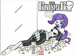 Size: 1205x925 | Tagged: safe, artist:ponygoddess, derpibooru import, rarity, equestria girls, bullet, comic cover, crossover, marvel, pouch, punisher, watermark