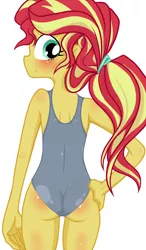 Size: 1050x1800 | Tagged: suggestive, artist:zat, derpibooru import, sunset shimmer, equestria girls, alternate hairstyle, ass, blushing, bunset shimmer, clothes, female, hand on hip, one-piece swimsuit, solo, solo female, swimsuit, wedgie