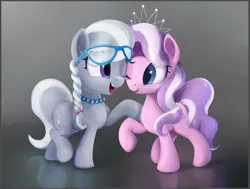 Size: 1320x1000 | Tagged: safe, artist:scootiebloom, derpibooru import, diamond tiara, silver spoon, earth pony, pony, best friends, female, glasses, open mouth, raised hoof