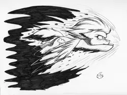 Size: 2150x1606 | Tagged: safe, artist:nekotigerfire, derpibooru import, rainbow dash, flying, inktober, monochrome, solo, sonic rainboom, traditional art