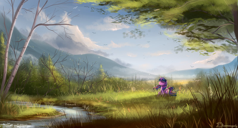 Size: 2220x1200 | Tagged: dead source, safe, artist:shamanguli, derpibooru import, twilight sparkle, twilight sparkle (alicorn), alicorn, bird, pony, cloud, cloudy, creek, eyes closed, female, forest, grass, mare, mountain, river, scenery, scenery porn, solo, stream, tree, water