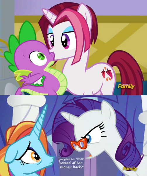Size: 1800x2148 | Tagged: safe, artist:sulyo, artist:titanium-pony, derpibooru import, edit, edited screencap, screencap, vector edit, cayenne, rarity, sassy saddles, spike, canterlot boutique, angry, bedroom eyes, caption, cayike, comic, discovery family logo, female, jealous, kissing, love triangle, male, screencap comic, shipping, sparity, straight, this will end in death, this will end in unemployment
