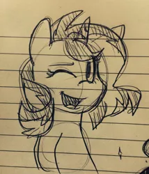 Size: 830x969 | Tagged: safe, artist:estrill, derpibooru import, sunset shimmer, pony, unicorn, lined paper, monochrome, sketch, smiling, solo, traditional art, wink