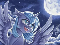 Size: 640x480 | Tagged: safe, artist:the-wizard-of-art, derpibooru import, princess luna, alicorn, pony, cloud, cloudy, flying, looking up, moon, night, pretty, s1 luna, sky, smiling, solo, spread wings, wings