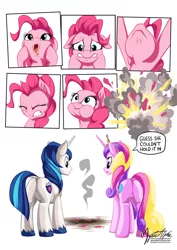 Size: 955x1351 | Tagged: safe, artist:mysticalpha, derpibooru import, pinkie pie, princess cadance, shining armor, alicorn, earth pony, pony, unicorn, the one where pinkie pie knows, :o, butt, comic, cute, death, dialogue, diapinkes, dock, explosion, eyes closed, featureless crotch, female, floppy ears, frown, gritted teeth, lip bite, male, mare, open mouth, plot, popping, puffy cheeks, secret, speech, speech bubble, squishy cheeks, stallion, that was fast, unshorn fetlocks, wide eyes