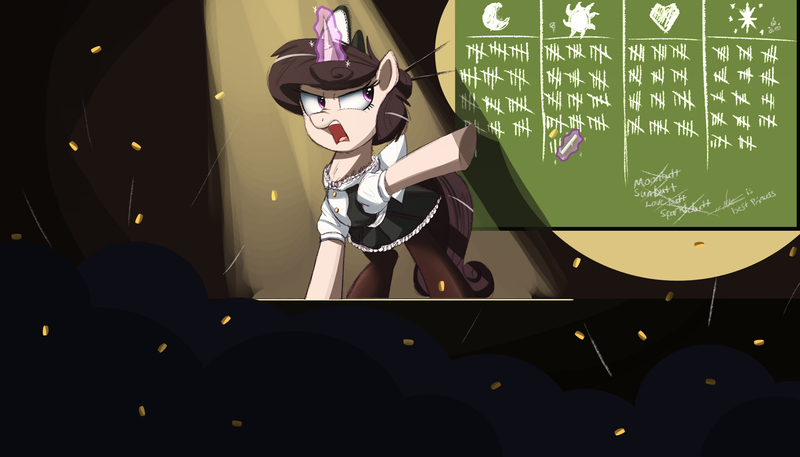 Size: 2000x1143 | Tagged: safe, artist:ncmares, derpibooru import, oc, unofficial characters only, pony, ask majesty incarnate, betting pool, chalk, chalkboard, clothes, cutie mark, levitation, magic, maid, open mouth, raised hoof, solo, telekinesis