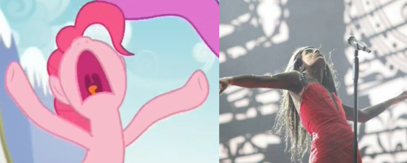 Size: 999x399 | Tagged: airdancer, aminata, comparison, derpibooru import, eurovision song contest, latvia, nose in the air, pinkie pie, safe, screaming, the one where pinkie pie knows, wacky waving inflatable tube ponk