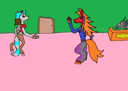 Size: 1372x984 | Tagged: dancing, derpibooru import, dragon, oc, oc:agentcaw, oc:carrot raveparty, oc:kumi yi, oc x oc, original species, pegasus, rabbit pone, safe, spying, unofficial characters only