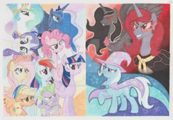 Size: 1024x710 | Tagged: safe, artist:soulsliver249, derpibooru import, applejack, fluttershy, pinkie pie, princess cadance, princess celestia, princess luna, rainbow dash, rarity, spike, trixie, twilight sparkle, twilight sparkle (alicorn), oc, oc:astelle, oc:shadow, alicorn, pony, alicorn oc, alicorn tetrarchy, body swap, fanfic art, floppy ears, frown, glare, glowing eyes, grin, gritted teeth, mane seven, mane six, princess trixie sparkle, raised hoof, smiling, smirk