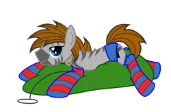 Size: 2600x1700 | Tagged: suggestive, anonymous artist, derpibooru import, oc, oc:kouprisa, unofficial characters only, earth pony, pony, zebra, bedroom eyes, clothes, collar, leash, looking at you, male, pillow, raised tail, smiling, socks, striped socks, underwear