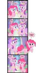 Size: 1600x3225 | Tagged: artist:coltsteelstallion, breaking the fourth wall, comic, derpibooru import, dialogue, floppy ears, fourth wall, fourth wall destruction, frown, open mouth, pinkie pie, pinkie promise, princess cadance, safe, shocked, speech bubble, spread wings, that was fast, the one where pinkie pie knows, underhoof, wide eyes, wings