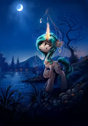Size: 747x1069 | Tagged: safe, artist:ramiras, derpibooru import, oc, oc:teary choir, unofficial characters only, pony, unicorn, boat, commission, crescent moon, fir tree, magic, moon, mountain, night, night sky, paint tool sai, reed, tree, water