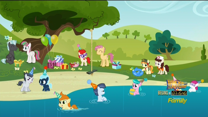Size: 1920x1080 | Tagged: safe, derpibooru import, screencap, aquamarine, blossomforth, boysenberry, candy mane, dizzy twister, gallop j. fry, lightning flare, little red, nursery rhyme, orange swirl, rumble, shady daze, tag-a-long, thunderlane, twist, earth pony, pegasus, pony, the one where pinkie pie knows, back to the future, balloon, beach, birthday party, colt, discovery family logo, female, filly, flower, hat, inflatable toy, lake, male, mare, party, party hat, present, stallion, swimming, swing, tree
