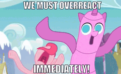 Size: 782x480 | Tagged: airdancer, animated, derpibooru import, edit, edited screencap, image macro, meme, overreacting, pinkie pie, reaction image, robot chicken, safe, screaming, screencap, the one where pinkie pie knows, wacky waving inflatable tube ponk, wacky waving inflatable tube pony