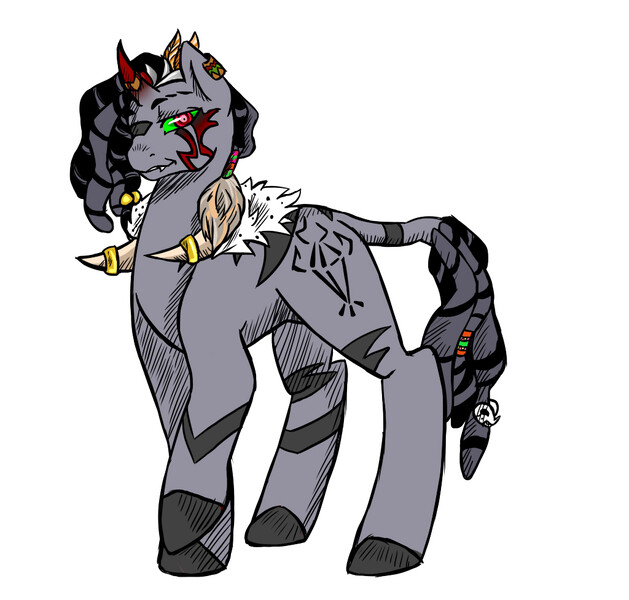 Size: 1024x977 | Tagged: artist:jointsupermodel, derpibooru import, ear piercing, feather, fur, horn, hybrid, oc, oc:hoodoo, offspring, parent:king sombra, parents:zembra, parent:zecora, piercing, safe, solo, unofficial characters only, zebra, zebracorn, zony