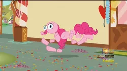 Size: 1920x1080 | Tagged: safe, derpibooru import, screencap, pinkie pie, earth pony, pony, the one where pinkie pie knows, confetti, discovery family, disintegration, female, frown, mare, modular, not salmon, open mouth, pinkie pieces, solo, sugarcube corner, wat, wide eyes