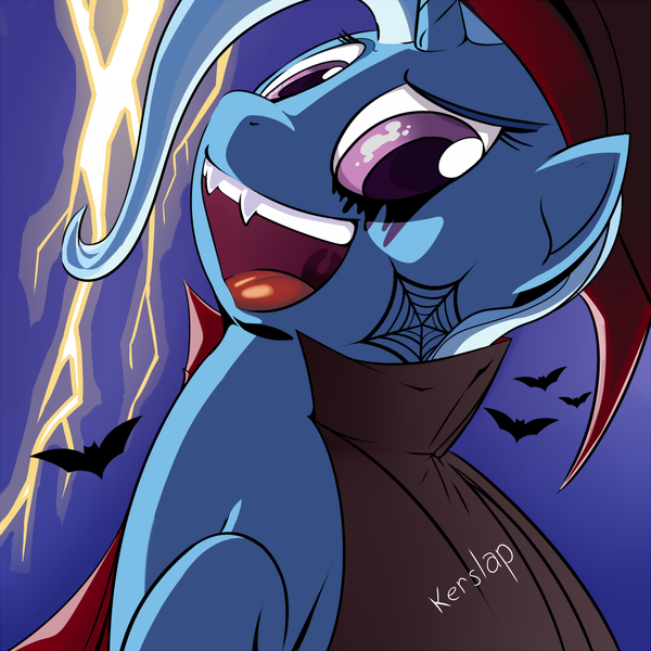 Size: 1000x1000 | Tagged: dead source, safe, artist:kerslap, derpibooru import, trixie, pony, unicorn, contest, electrixie, fangs, female, halloween, lightning, mare, solo