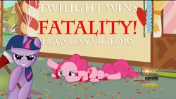 Size: 1920x1080 | Tagged: semi-grimdark, derpibooru import, edit, edited screencap, screencap, pinkie pie, twilight sparkle, earth pony, pony, the one where pinkie pie knows, axe, back to the future, blood, death, decoration, discovery family logo, dismemberment, dubs, fatality, female, game, glare, grin, hoof hold, looking at you, mare, modular, mortal kombat, murder, party, pinkie pieces, pinkiebuse, smirk, sugarcube corner