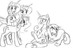 Size: 1280x853 | Tagged: safe, artist:silfoe, derpibooru import, night light, princess cadance, princess celestia, princess luna, shining armor, twilight velvet, royal sketchbook, the one where pinkie pie knows, cowering, crying, grayscale, grin, gritted teeth, hiding, implied pregnancy, liquid pride, monochrome, nervous grin, open mouth, scared, sitting, sketch, smiling, squee, starry eyes, underhoof, wavy mouth, wide eyes, wingding eyes