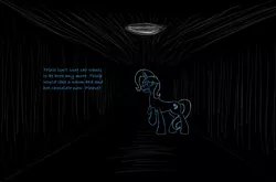 Size: 1189x785 | Tagged: semi-grimdark, artist:rexlupin, derpibooru import, trixie, pony, unicorn, ambient, creepy, darkness, eyes, female, mare, nightmare fuel, nothing is scarier, outline, paranoia fuel, scared, tunnel