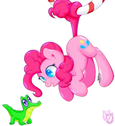 Size: 1087x1180 | Tagged: safe, artist:shadowhulk, derpibooru import, gummy, pinkie pie, pony, female, hanging, hanging by tail, image, mare, png, prehensile tail, tail, tail pull