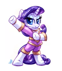 Size: 695x800 | Tagged: safe, artist:whitediamonds, derpibooru import, rarity, pony, unicorn, bedroom eyes, chouriki sentai ohranger, clothes, crossover, female, looking at you, mare, power rangers, power rangers zeo, purple ranger, smiling, solo, super sentai