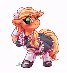 Size: 729x800 | Tagged: safe, artist:whitediamonds, derpibooru import, applejack, earth pony, pony, blushing, clothes, cute, dress, embarrassed, female, floppy ears, jackabetes, looking at you, maid, mare, mary janes, simple background, skirt, smiling, socks, solo, stockings, sweat, sweatdrop, white background