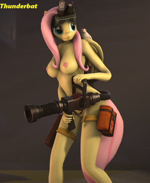 Size: 880x1078 | Tagged: explicit, artist:generalthunderbat, derpibooru import, fluttershy, anthro, dove, 3d, archimedes, belly button, breasts, busty fluttershy, casual nudity, clothes, cosplay, costume, crossover, female, first aid kit, fluttermedic, goggles, image, medic, medigun, nipples, nudity, partial nudity, png, solo, solo female, source filmmaker, subtly explicit, team fortress 2, vulva, ze goggles