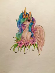 Size: 720x960 | Tagged: artist:kindly-fox, derpibooru import, flower, fluffy, portrait, princess celestia, safe, simple background, solo, spread wings, traditional art