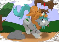 Size: 3035x2149 | Tagged: safe, artist:kassc, derpibooru import, oc, oc:endra, oc:zero, unofficial characters only, pegasus, pony, unicorn, dust, emoticon, female, male, mare, mounting, nervous, pony ride, shipping, stallion, straight, valley