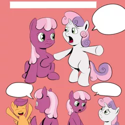 Size: 976x976 | Tagged: safe, artist:anonymous, derpibooru import, cheerilee, scootaloo, sweetie belle, pony, /pone/, 8chan, bipedal, exploitable, eyes closed, frown, meme, open mouth, raised hoof, sad, sitting, smiling, speech bubble