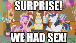 Size: 854x480 | Tagged: balloon, caption, derpibooru import, edit, edited screencap, image macro, implied sex, meme, princess cadance, screencap, shining armor, suggestive, text, the one where pinkie pie knows, vulgar