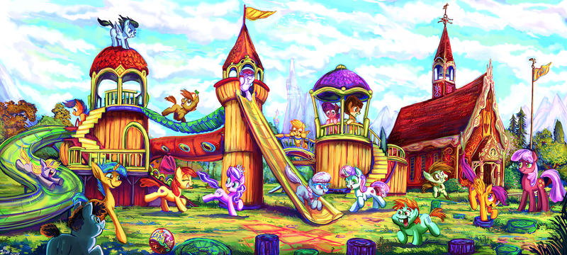 Size: 1909x860 | Tagged: safe, artist:jowybean, derpibooru import, apple bloom, button mash, cheerilee, diamond tiara, dinky hooves, first base, lily longsocks, little red, mango dash, pipsqueak, rumble, scootaloo, silver spoon, snails, snips, super funk, sweetie belle, truffle shuffle, crusaders of the lost mark, color porn, cutie mark, cutie mark crusaders, playground, ponyville schoolhouse, slide, the cmc's cutie marks