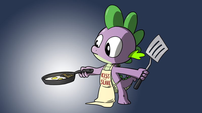 Size: 1280x720 | Tagged: apron, artist:petirep, bacon and eggs, clothes, derpibooru import, dragon, frying pan, gradient background, kiss the cook, naked apron, rainbow dash presents, safe, solo, spatula, spike