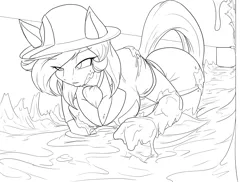 Size: 1500x1091 | Tagged: suggestive, artist:toughset, derpibooru import, oc, oc:skyfall, unofficial characters only, anthro, unicorn, anthro oc, breasts, cleavage, clothes, cravat, crawling, explorer outfit, female, hat, latex, latex suit, messy, monochrome, mud, muddy, pith helmet, quicksand, solo, solo female