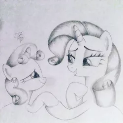 Size: 1024x1024 | Tagged: artist:theasce, crusaders of the lost mark, derpibooru import, holding hooves, monochrome, rarity, safe, sisters, sweetie belle, tears of joy, traditional art