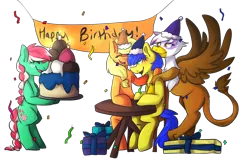 Size: 2000x1333 | Tagged: safe, artist:oddends, derpibooru import, applejack, gilda, oc, oc:orion, oc:peppermint chip, gryphon, pony, banner, bipedal, birthday, birthday cake, cake, candle, canon x oc, chair, confetti, eyes closed, female, gildarion, happy, hat, hug, ice cream, male, party, party hat, present, shipping, sitting, smiling, spread wings, straight, streamers, table