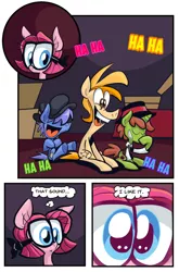 Size: 534x810 | Tagged: artist:joeywaggoner, comic, derpibooru import, diane, laughing, oc, oc:center stage, oc:notebook, oc:show off, pinkie pie, safe, the clone that got away, too many pinkie pies